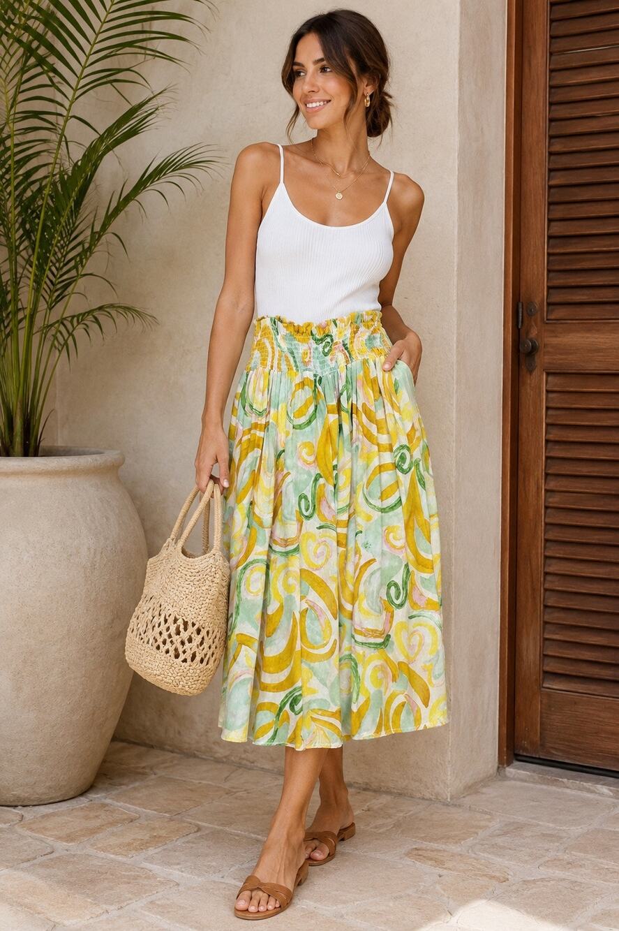 C&C California NWT Smocked Waist Midi Skirt Abstract Print Rayon Women’s XL